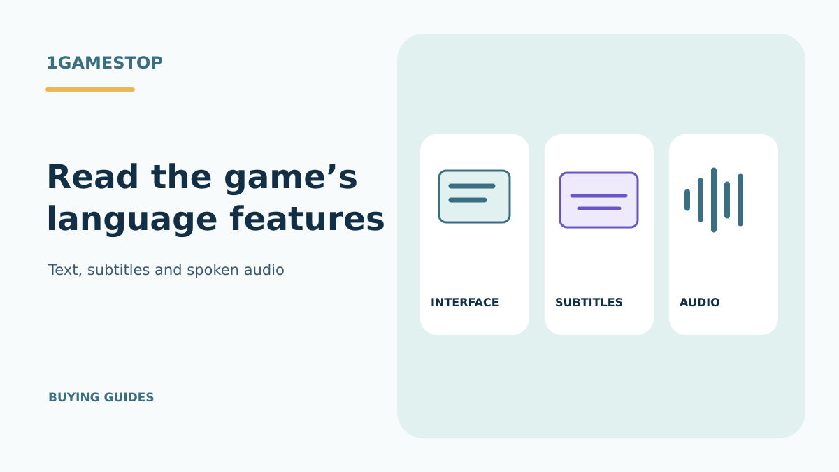 Interface, subtitles and audio represented by three separate language cards.